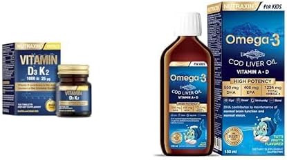 Nutraxin D3K2 120 Tablet - 1000 Iu D3 Vitamini, 25 Mcg K2 Vitamini + Nutraxin Omega-3 for Kids 150 ml