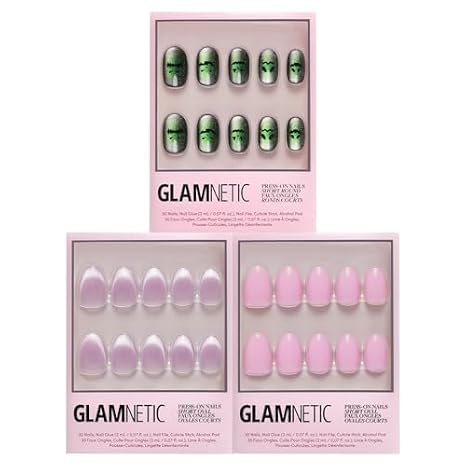 Glamnetic Press-On Nails Bundle - Peek-O'-Lantern, Think Pink & Fairy Dust | Round Velvet Fake Nails with Pumpkin Jack-o-Lantern Graphics | Light Pastel Pink Oval Fake Nails | Short Oval