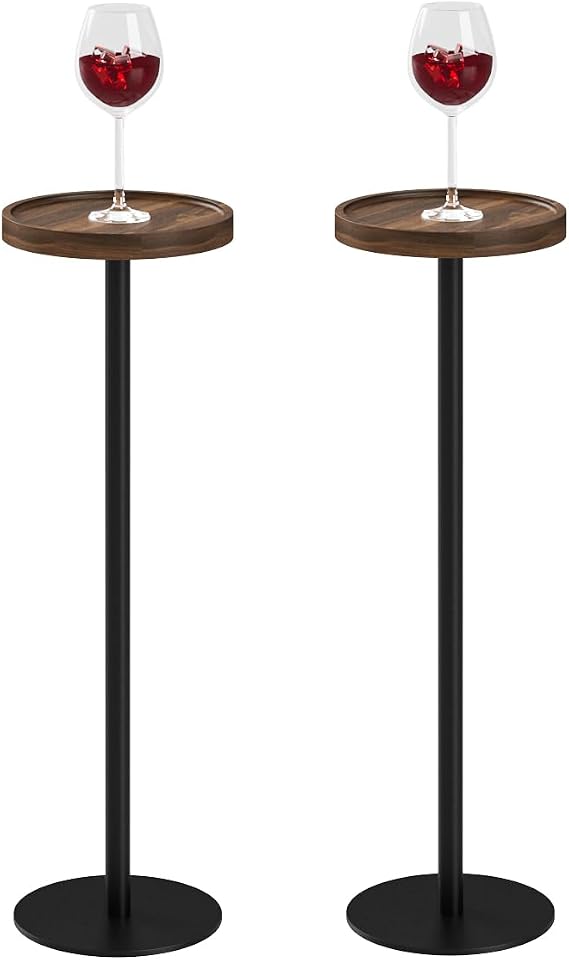 Drink Table, Small Pedestal Side Table, Round Cocktail Table, Circle Accent End Table with Metal Base, for Small Spaces (2, Brown Walnut)