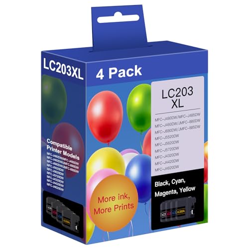 LC203XL Ink Cartridges Compatible for Brother LC203 LC201 High Yield Works with MFC-J880DW MFC-J480DW MFC-J460DW MFC-J4420DW MFC-J485DW MFC-J885DW Black, Cyan, Magenta, Yellow, 4 Pack