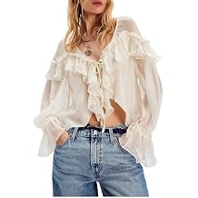 Yiulangde Women's Flowy Bow Front Tie Top Long Sleeve Peplum Lace Trim Chiffon Shirt Sheer V Neck Boho Ruffle Beach Blouse