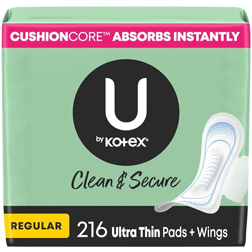U by Kotex Clean & Secure Ultra Thin Pads with Wings, Regular Absorbency, 216 Count 6 Packs of 36 Packaging May Vary
