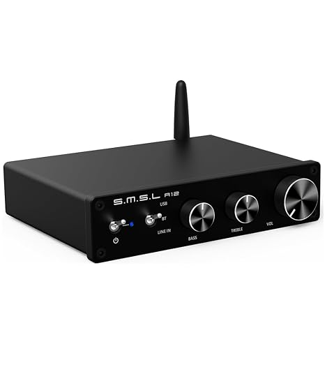 S.M.S.L A12 Home Audio Amplifier Stereo Receivers Bluetooth 5.0 Mini HiFi Class D Integrated 2 Channel Power Amp with Bass and Treble Control 80Wx2 for Home Speakers MA12070 (with Power Supply)