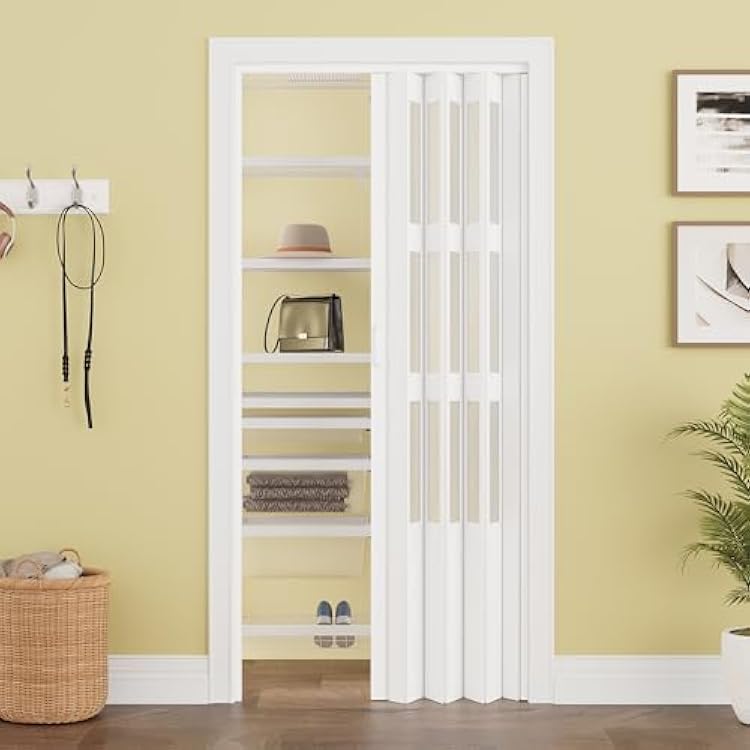36 x 80 Enhanced Accordion Doors Interior with 3 Frosted Acrylic Panel, Accordion Door for Doorway Hardware Kit Included, PVC Interior Folding Doors with 2 Handles for Closet Bathroom Doorways