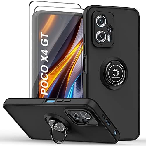 QUIETIP Case for Xiaomi Poco X4 GT,TPU  Hard PC Shockproof Magnetic Ring Car Mount Holder Bumper Cover with 2 Pack Tempered Glass Screen Protector,Black