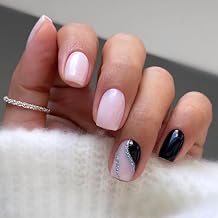 Short Square Press On Nails, Soft Gel Reusable Fake Nails, Pink and Black Glossy Nails with Silver Accent, DIY Salon Manicure, Natural Short Stick On Nails for Women & Girls, 24PCS Set