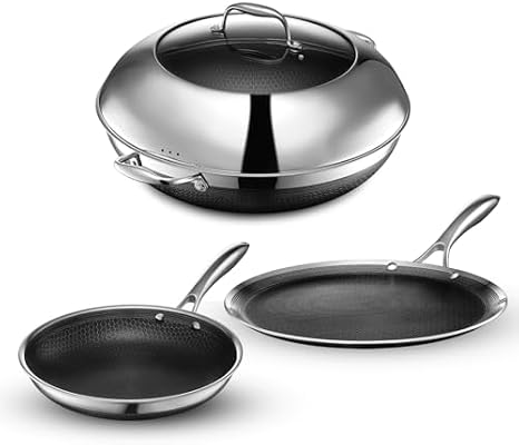 HexClad Hybrid Nonstick 4-Piece Cookware Set, 14" Wok with Lid, 12" Griddle, and 10" Pan, Stay-Cool Handles, Dishwasher and Oven-Safe, Induction Ready, Compatible with All Cooktops
