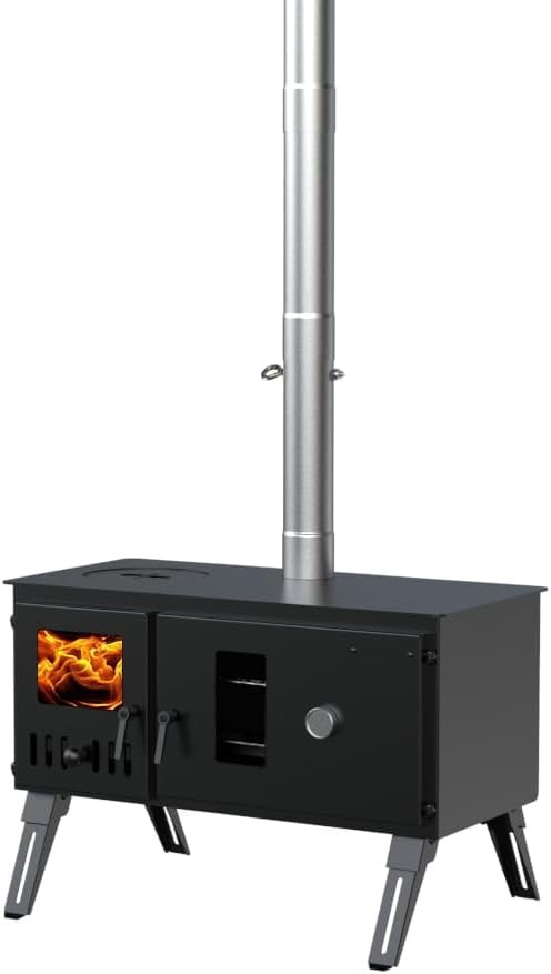 DWD® "Galloway "Camping Stove Outdoor Portable Wood Log Burner Double Oven complete with Flue, Spark Cap, Oven Shelf