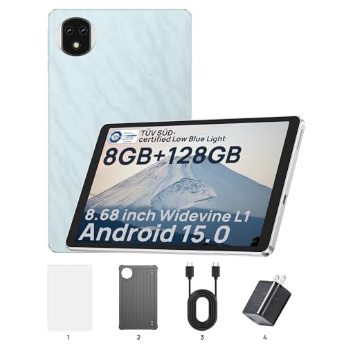 Ulefone Tab A9 Pro Compact Tablet, 8.68 TUV SUD Eye Comfort Display, Android 15, 8GB RAM 128GB 2TB Expandable, Slim & Lightweight, Dual Speakers, Portable Tablet for Young Adults Galaxy Blue