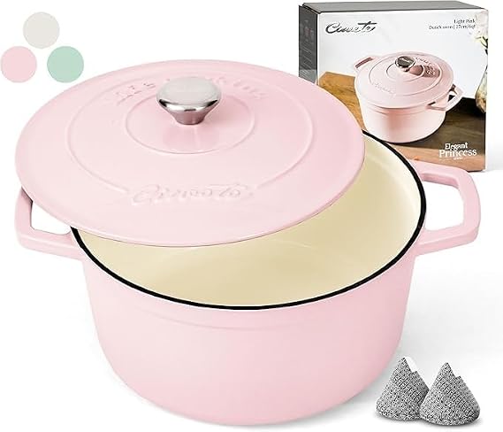 Ciwete Enameled Cast Iron Dutch Oven Pot, 6 Quart, Light Pink