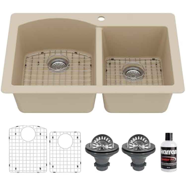 Karran 33 Drop-InTop Mount Quartz Composite 1-Hole 6040 Double Bowl Kitchen Sink Kit in Bisque