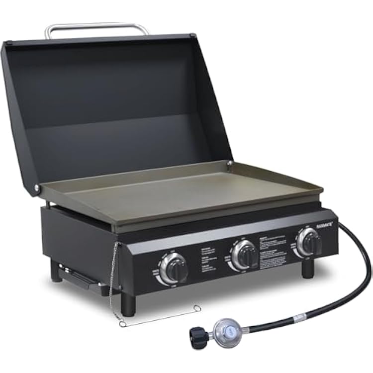 Flat Top Gas Griddle with Lid, 22 Inch 3 Burners Outdoor Portable Propane Gas Grill, 30,000 BTU Tabletop BBQ Griddle for Camping, RV, Tailgating