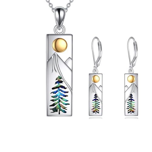 YFN Mountain Necklace Earrings 925 Sterling Silver Abalone Dangle Drop Earrings Mountain Jewelry Gift for Skiers, Hikers, Campers, Climbers and Nature Lovers
