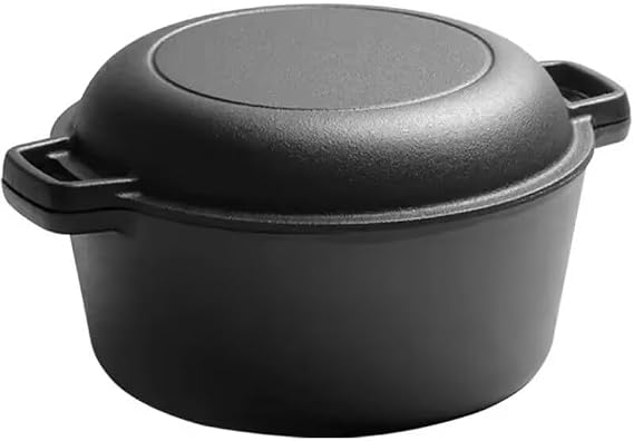 Cast Iron Double Dutch Oven Pot with Skillet Lid, for Oven,Grill,Campfire & Stovetop Safe (5 Quarts)