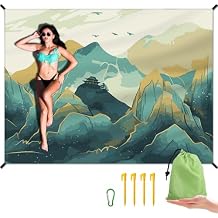 Beach Blanket Waterproof Sandproof Large Beach Mat 83" X 106" for 5-7 Adults Sand Free Mat Quick Drying,Oversized,Lightweight & Durable with 4 Stakes & 4 Corner Pockets for Beach Camping .(Mountain)