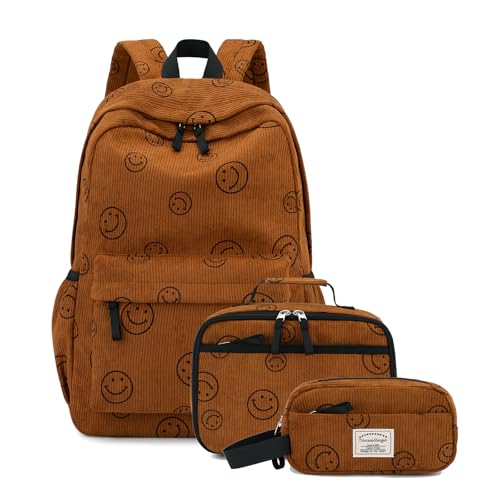 Backpack for Girls Boy Teen Corduroy Bookbags Elementary Middle High School Women Laptop Bag with Lunch Box Pencil Bag Smile Brown
