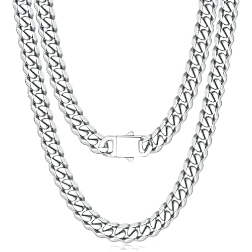 Jewlpire 5mm 7mm 9mm Silver Tone18k Gold Plated Cuban Link Chain Necklace for Men Boys, Stainless Steel Chains for Men with Push-lock Clasp, Luxury Mens Jewelry with Gift Box, 18 20 22 24 26 Inch