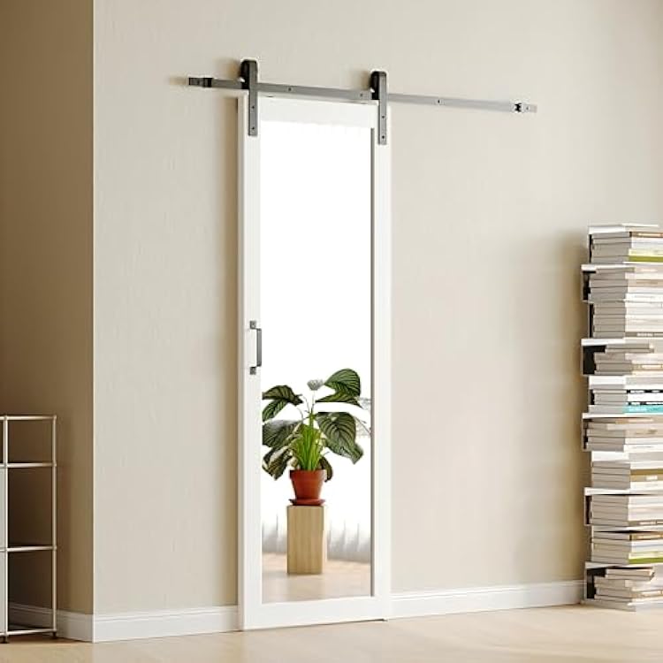 Mirrored Barn Door 32in x 84in, 1 Lites Mirror Panel with 6FT Sliding Hardware Kit Set, Pre-drilled Finished Door Slab, Decorative Full Length Mirror Insert, MDF, White