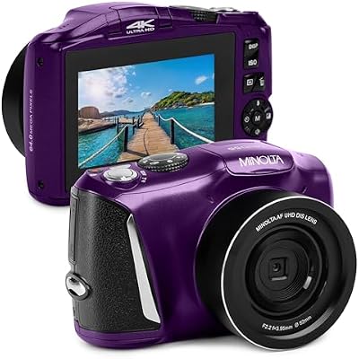 Minolta 64MP Digital Camera 4K Ultra HD Video at 60FPS, 16x Digital Zoom, WiFi, CMOS Sensor, 3-inch LCD Display, Auto Exposure - Includes 32GB Memory Card, Rechargeable Battery Purple