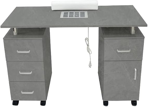 Manicure Table Nail Desk for Tech, Nail Table Station w/Electric Dust Collector, Makeup Beauty Salon Storage with Lockable Wheels, 4 Drawers &1Cabinet,Grey