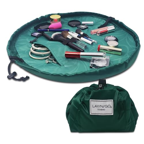 Lay-n-Go Cosmo Lay Flat Drawstring Cosmetic & Makeup Bag Organizer - Zipper Pocket, Brush Loops & More - Durable, Machine Washable Toiletry Carrier for Travel, Cinch Closure, Gift 20, Evergreen