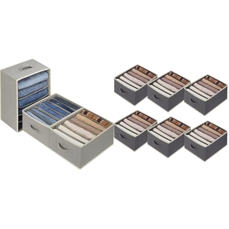 9 Pcs Large Size Wardrobe Clothes Organizers 6 Grids for Pants, Jeans, Sweater, T-shirt, Thin Coat, Dress Stackable Closet Drawer Organizer Storage Bin with Sturdy Handles, Grey & Dark Grey