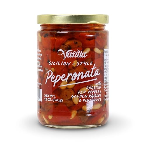 Vantia Sicilian Peperonata 12 oz | Sweet & Tangy Roasted Red Peppers with Pignoli Nuts & Golden Raisins | No Preservatives | Perfect for Crostini, Sandwiches & Grilled Meats