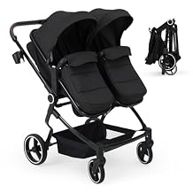 Side by Side Double Stroller Newborn and Toddler, Lightweight Compact Twin Stroller with Reversible Seat, Adjustable Backrest & Canopy, Storage Basket, Easy to Fold, Dark Grey