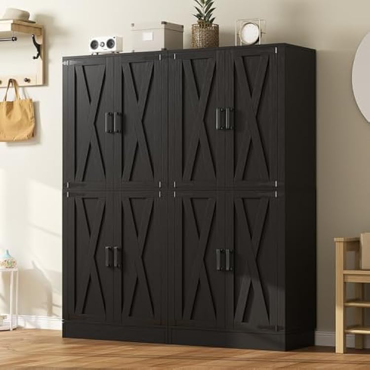 Unikito 71 Tall Kitchen Pantry Cabinet with Farmhouse Barn Doors and Storage Drawer, 4 Adjustable Shelves, Freestanding Cupboard for Kitchen, Dining Room, Living Room, Utility Room, Black 2 Pack