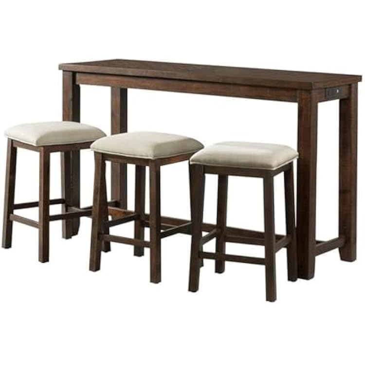 BOWERY HILL Dex Multipurpose Home Kitchen Dining Nook Bar Living Room Sofa Table Set with 3 Upholstered Stools,Chairs in Dark Walnut and Taupe Fabric