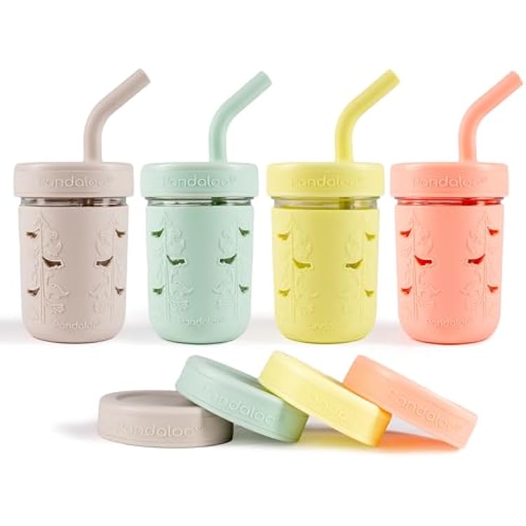 Mason Jar Toddler Cup | 8 oz Glass Cups with Silicone Sleeve & Lids | Spill-Resistant Smoothie & Snack Cups for Kids | BPA-Free | Stainless Steel Inner Straw