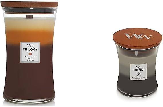 WoodWick Cafe Sweets Large Hourglass Trilogy Candle & Warm Woods Medium Hourglass Trilogy Candle, 9.7 oz.