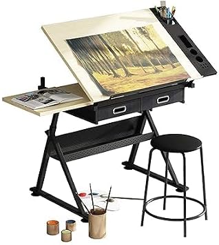 Lapakey Adjustable Drafting Table Desk Craft Station Art, Drafting Desk Tiltable Table Top Combo Set with Stool and 2 Storage Drawers, Art Writing Reading Workstation for Office and Home Table+