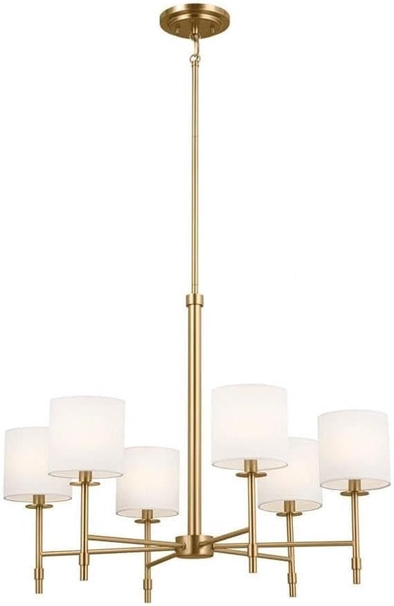 Kichler Ali 6-Light Chandelier with White Fabric Shades, Modern Dining Room Light Fixture in Brushed Natural Brass for Living Room, Kitchen or Bedroom (28" x 22.5" x 28"), 52500BNB