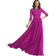ISABUFEI Scoop Neck Mother of the Bride Dress Long Formal Gown with 3/4 Sleeves Lace Applique Dresses