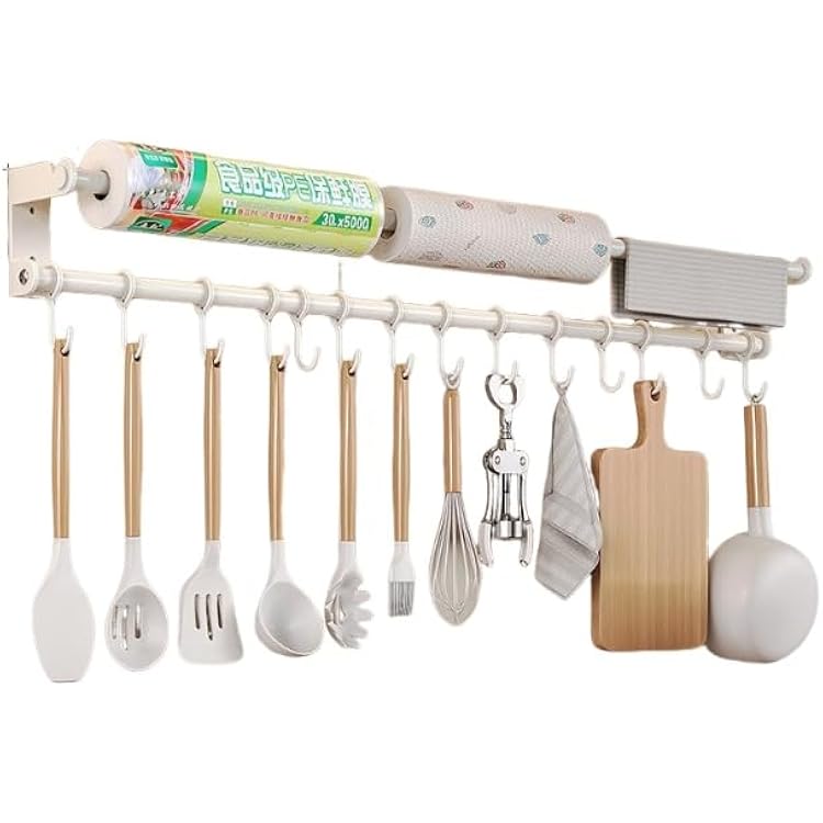 JingNian Under Cabinet Paper Towel Holder, Utensil Hanging Rack Stainless Steel Rail, Dual-Purpose for Kitchen and Bathroom, Adhesive or ScrewsA,14 hooks