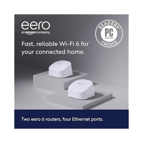 Amazon eero 6 mesh wifi system - Supports internet plans up to 900 Mbps, Coverage up to 3,000 sq. ft., Connect 75+ devices, 2-pack (2 routers)
