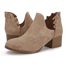 Fashare Womens Fall Cutout Booties Ankle Heels Low Stacked Ruffle Slip On Dress Short Boots Shoes