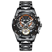 GUANQIN Men Skeleton Multifunctional Japanese Automatic Self-Wind Mechanical Watch Sapphire Double-Sided Hollow Waterproof Clock Stainless Steel and Tungsten Steel Strap Wristwatch