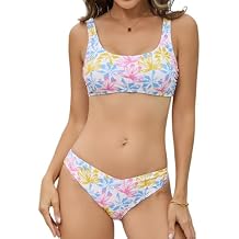 Cromi Sporty Bikini Sets for Women Scoop Neck Two Piece Swimsuit Athletic Bikinis Solid Color Bathing Suit