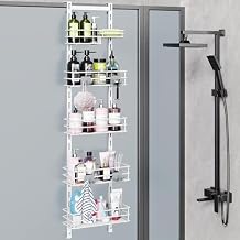 Orimade Over the Door Shower Caddy Adjustable 5 Tier Black,Bathroom Hanging Organizer Shelf Rustproof with 4 Hooks,Shower Basket with Soap Holder and Suction Cup, White