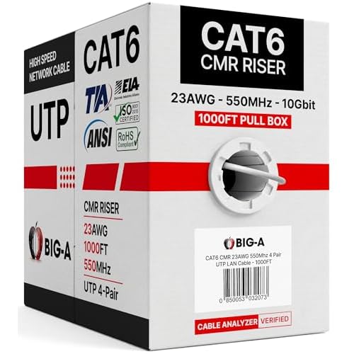 Big-A - Bulk Cat6 Cable 1000ft 23AWG Solid 4 Pair, Cat 6 Ethernet Cable Unshielded Twisted Pair UTP, CMR 550MHz Internet Cable, Pull Box - White