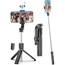 Mini Selfie Stick Travel Tripod for Cell Phone with Light, Extendable Selfie Stick for iPhone with Detachable Remote, iPhone Tripod for Video Recording, Photograph, Compatible with Cellphones