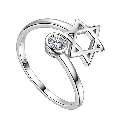 Jewmon Sterling Silver Star of David Ring for Women - Adjustable Magen David Ring - Wiccan Amulet - Jewish Gifts
