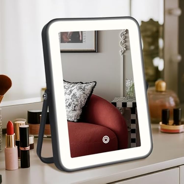 Rechargeable LED Vanity Mirror with Lights, 7x10 Black Makeup Mirror with Lights, 3-Color Lighting, for Dorm, Livingroom, Gifts for Women