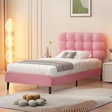 BarnFurin Twin Bed Frame with Upholstered Headboard, Soft Boucle Fabric, Platform Bed with Strong Wooden Slats Support, Two Bed Forms Design, No Boxing Spring Needed, Easy Assembly, Pink