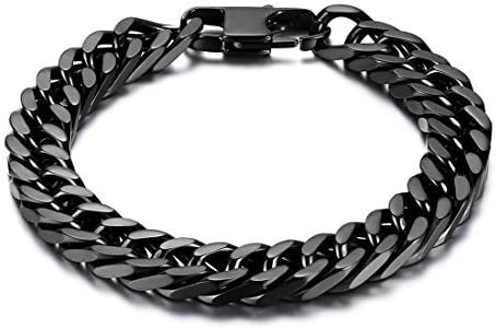JewelryWe Durable Black/Silver Tone Stainless Steel 10mm Heavy Wide Mens Curb Link Chain Bracelet(with Gift Bag)