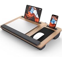 Lap Desk - Up to 17 Laptop with Wrist Rest, Portable Handle, 2 Self-Adhesive PVC Mouse Pads, Tablet & Phone Slots, Laptop Stand for Bed with Cushion (Dark Brown Woodgrain)