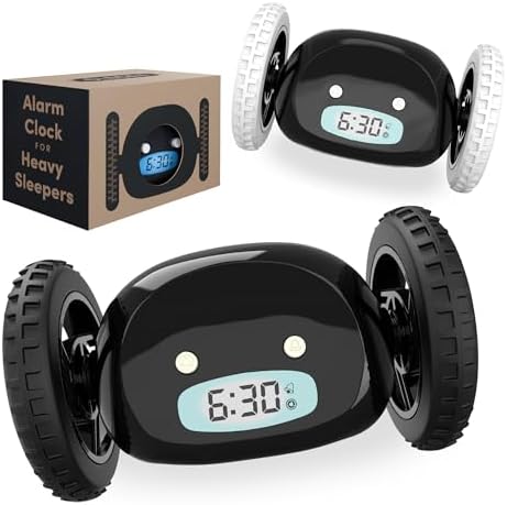 CLOCKY Loud Rolling Alarm Clock on Wheels (Black and Black Wheels)