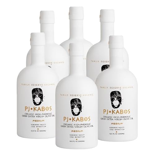 P.J. KABOS Fresh 202526 Harvest, High Phenolic 400 mgkg, USDA Organic Greek Extra Virgin Olive Oil, Kosher, Greece, Cold Extracted, 16.9oz Glass Bottle, Family Reserve Organic - Medium 6-Pack